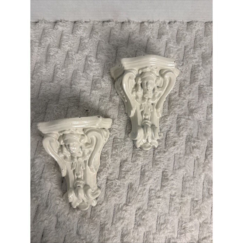 VTG Cherub Wall Sconces Shelf Plaster Distressed Pair Baroque Shabby Cottage